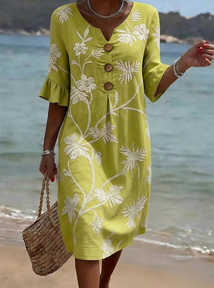 Women's Linen Floral Sundress Beach V-Neck Shift Dress