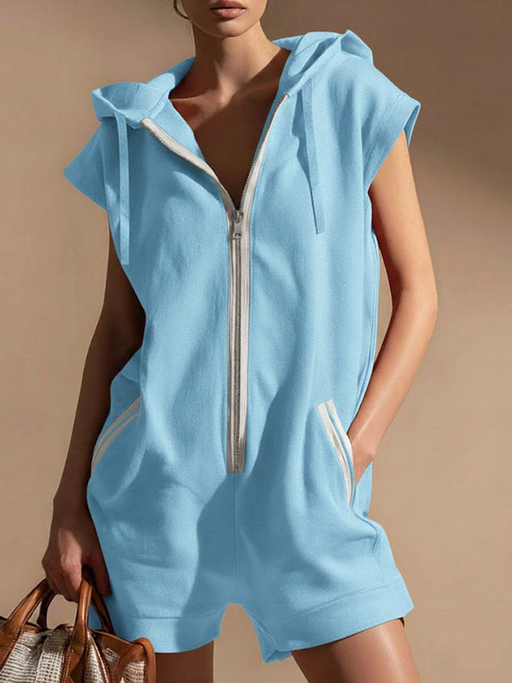Women's Fleece Sleeveless Hooded Romper Zip Up Jumpsuit