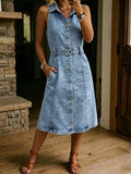 Sleeveless Denim Shirt Dress for Women Mid-Length Jean Sundress