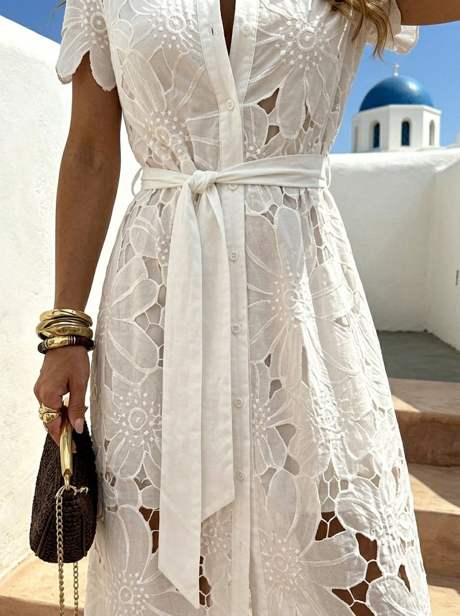 Women's Linen Blend V-Neck Short Sleeve Maxi Shirt Dress