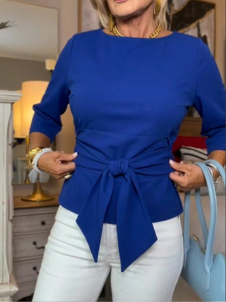 Women's Linen Tie-Front Boat Neck Blouse 3/4 Sleeve Top