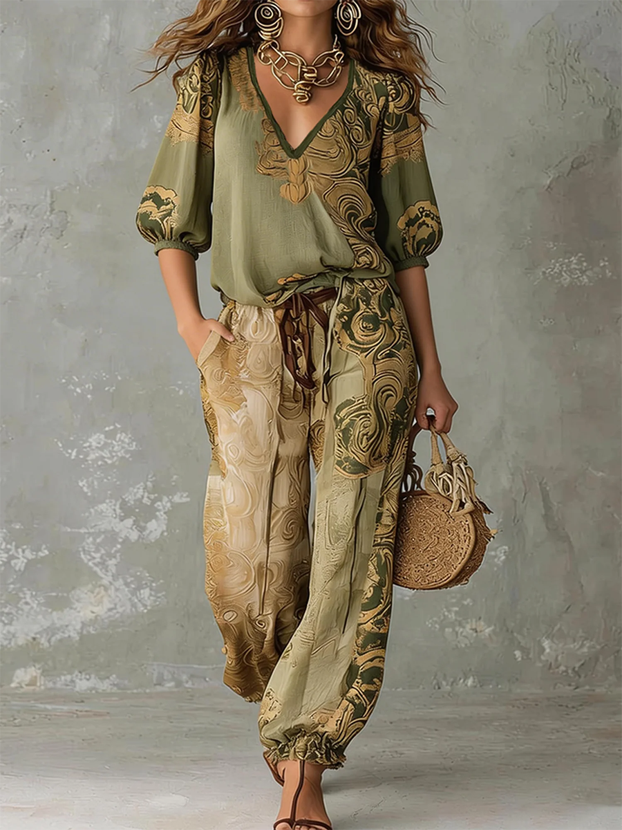 Women's Linen V-Neck Shirt Bohemian Retro Printed Loose Half Sleeve Top