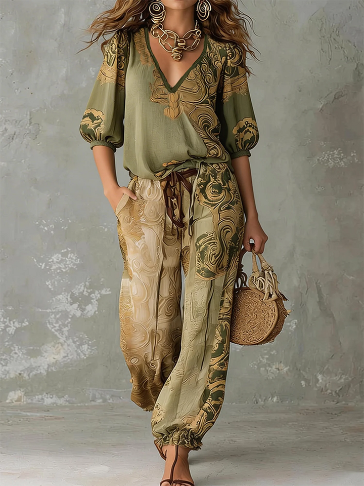 Women's Linen V-Neck Shirt Bohemian Retro Printed Loose Half Sleeve Top