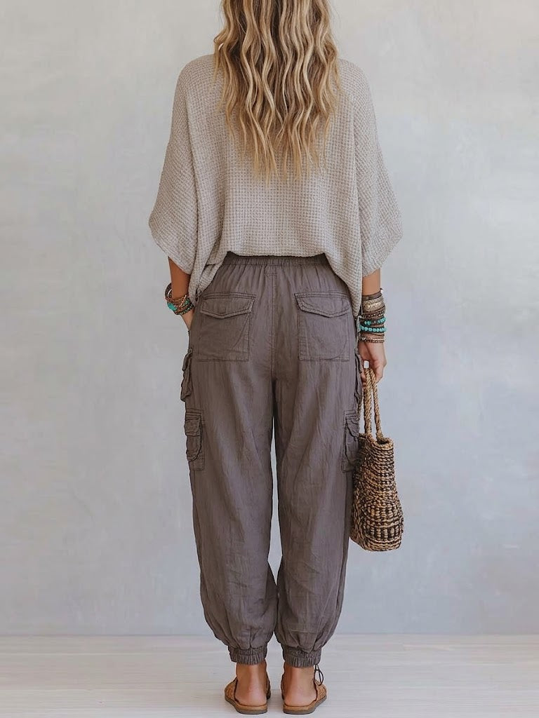Women's Knit Poncho Top and Cargo Joggers Two Piece Set