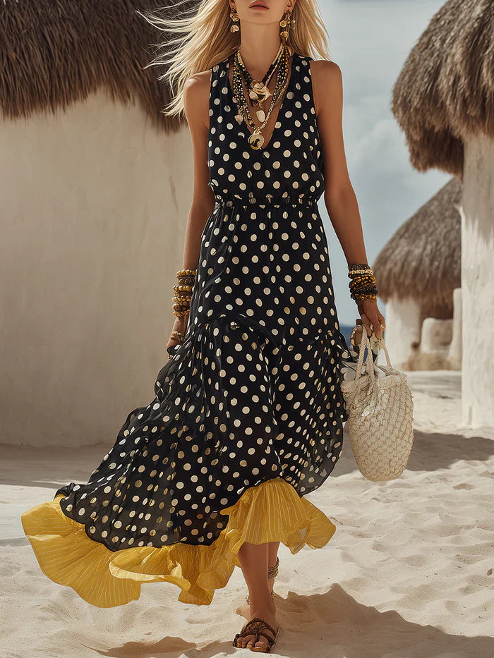 Women's Linen Polka Dot Maxi Dress Sleeveless Tiered Sun Dress