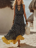 Women's Linen Polka Dot Maxi Dress Sleeveless Tiered Sun Dress