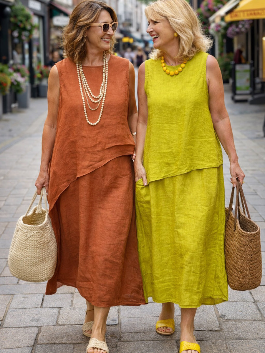 Women's Linen Maxi Dress Sleeveless Two Piece Set A-Line Sun Dress