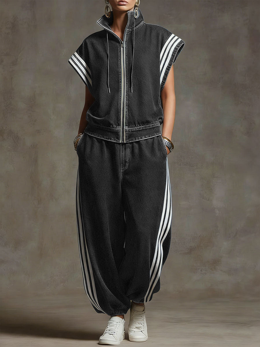 Women's Denim Two Piece Zip-Up Top & Wide Leg Set