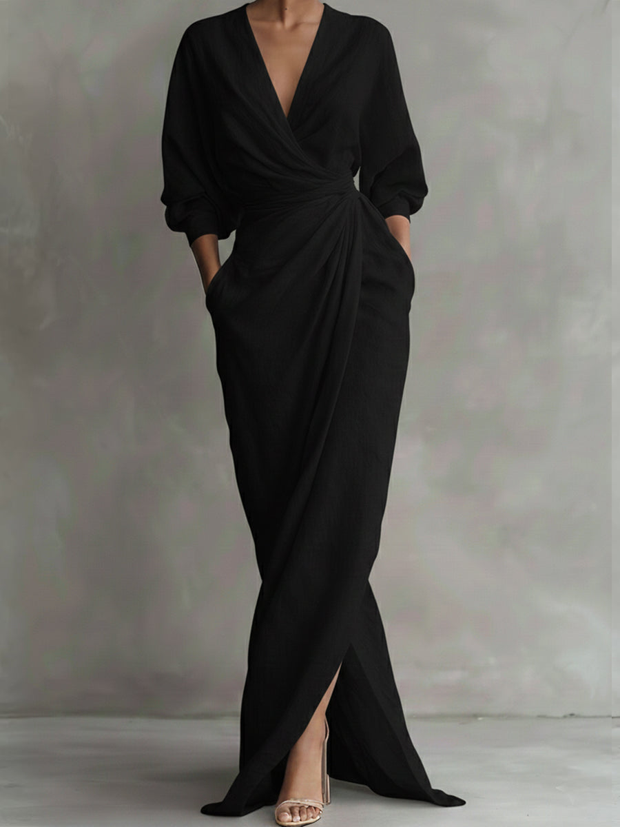 Women’s Linen Wrap Maxi Dress V Neck Elegant Drape Evening Gown