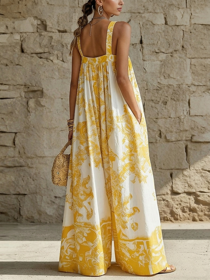 Women's Linen Floral Square-Neck Sleeveless Maxi Dress