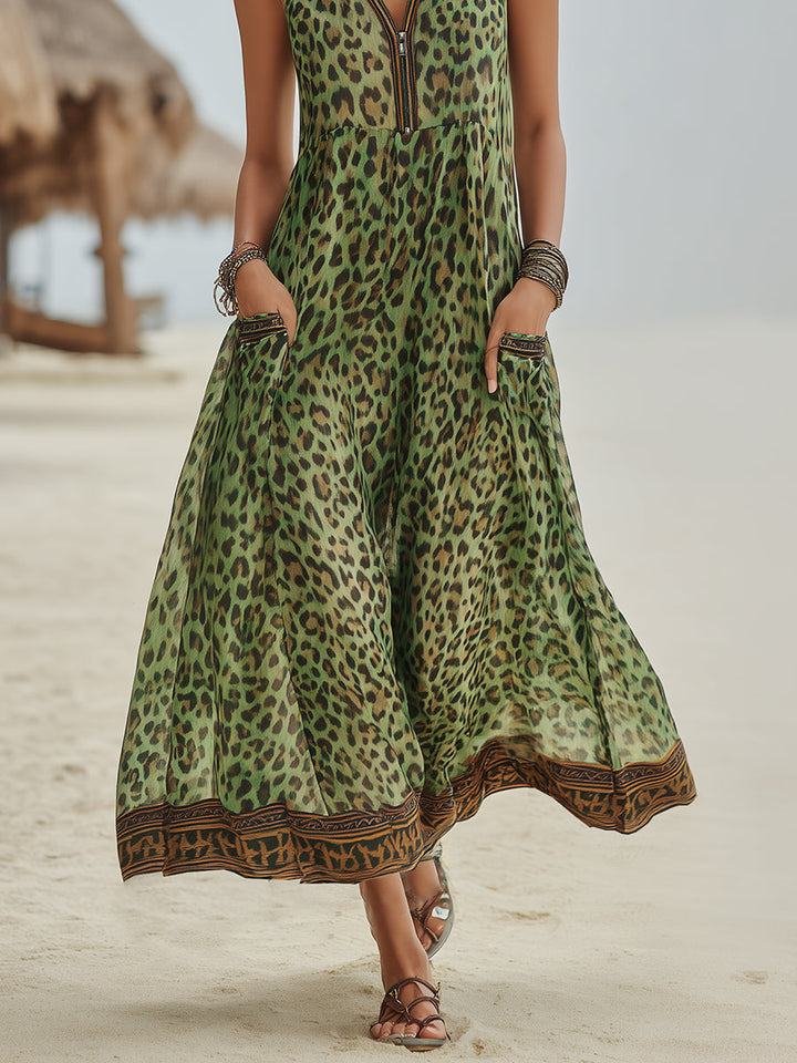 Women's Chiffon Leopard Print Sleeveless V-Neck Maxi Dress
