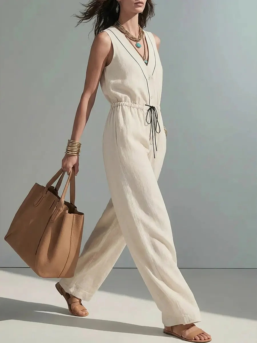 Linen Sleeveless V-Neck Jumpsuit for Women
