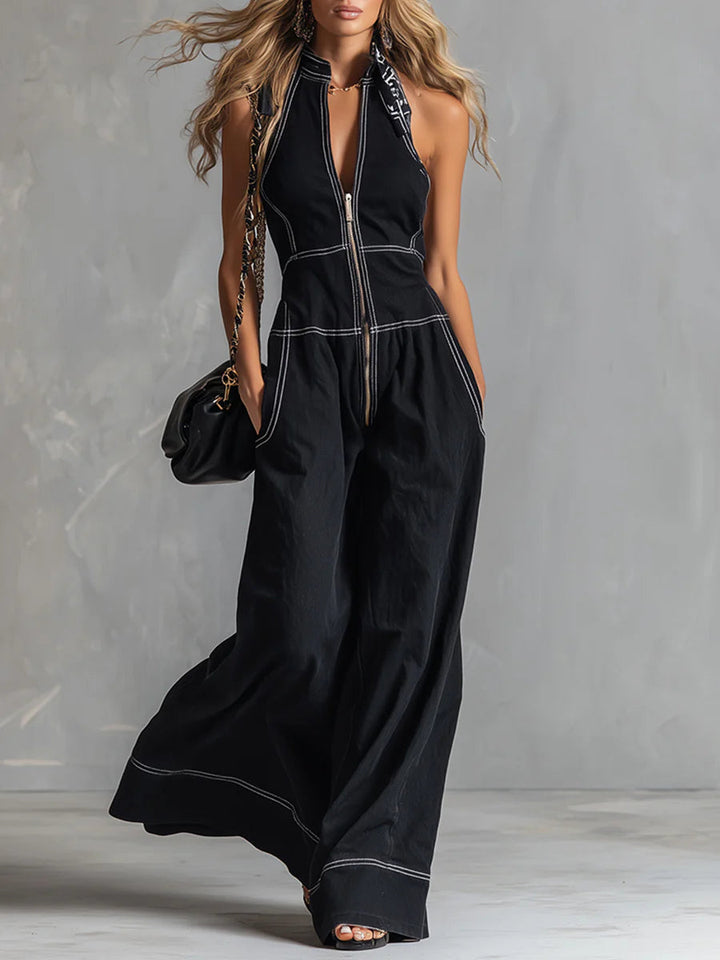 Women's Denim Jumpsuit Sleeveless V-Neck Wide Leg Jean Romper One-Overalls