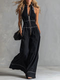 Women's Denim Jumpsuit Sleeveless V-Neck Wide Leg Jean Romper One-Overalls