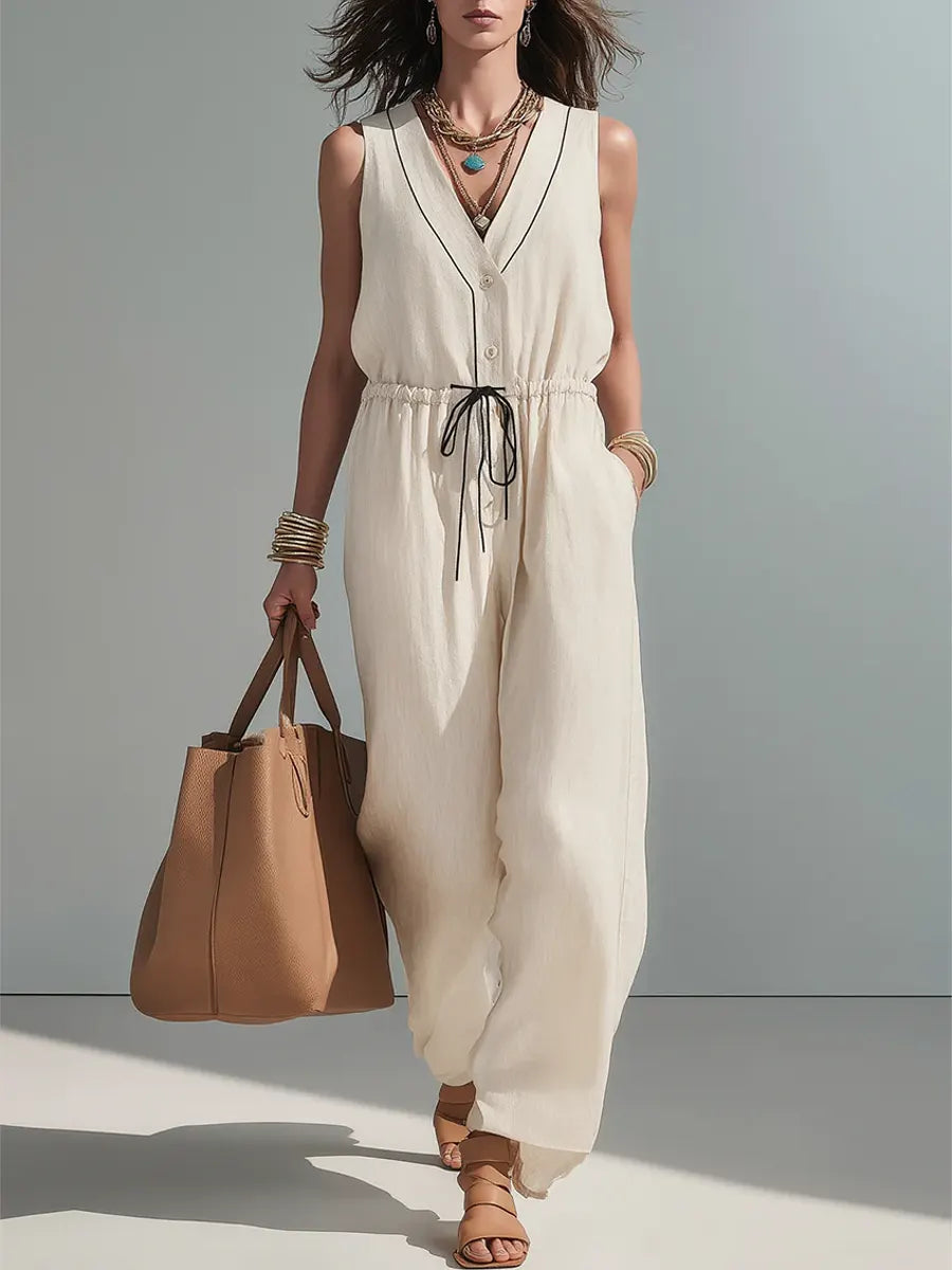 Linen Sleeveless V-Neck Jumpsuit for Women