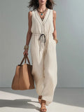 Linen Sleeveless V-Neck Jumpsuit for Women