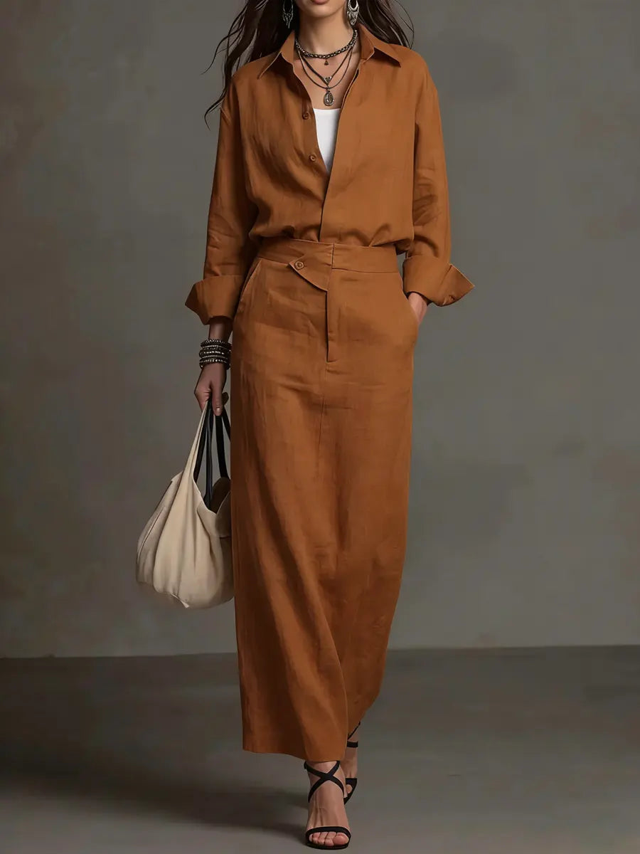 Women's Two Piece Linen Shirt and Maxi Skirt Set Long Sleeve Casual Outfit
