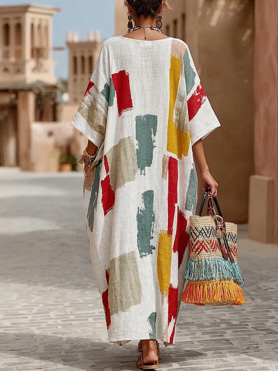 Women's Linen Kaftan V-Neck Oversized Maxi Dress