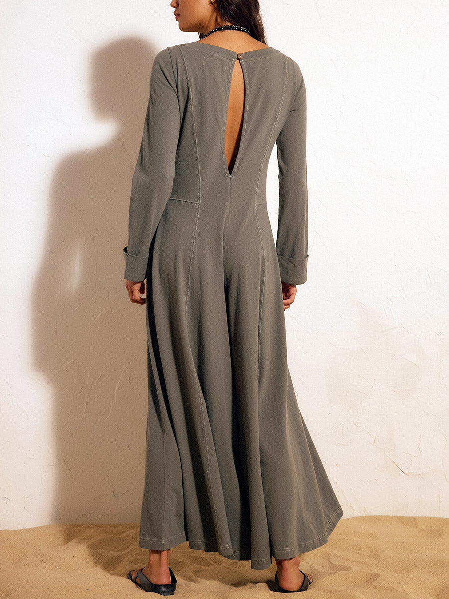 Women's Linen Long Sleeve Wide Leg Crew Neck Jumpsuit
