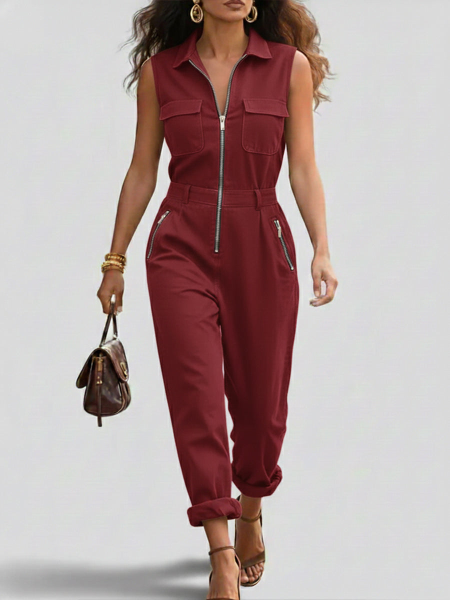 Women's Denim Sleeveless Jumpsuit One-Piece Romper with Zip Front