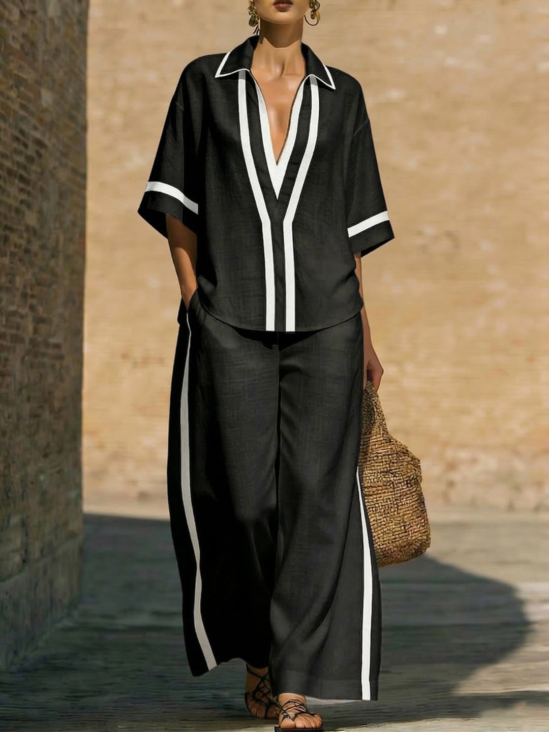 Women's Linen Two Piece Lounge Set Wide Leg Trousers V-Neck Shirt Top