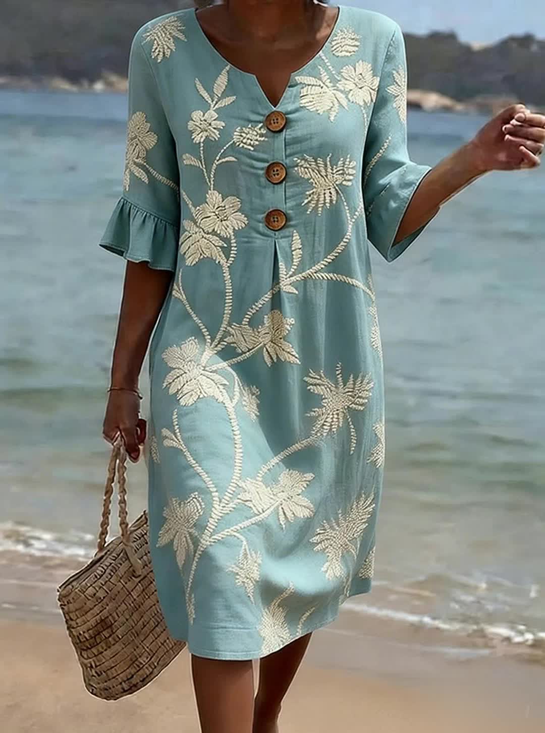 Women's Linen Floral Sundress Beach V-Neck Shift Dress