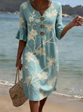 Women's Linen Floral Sundress Beach V-Neck Shift Dress