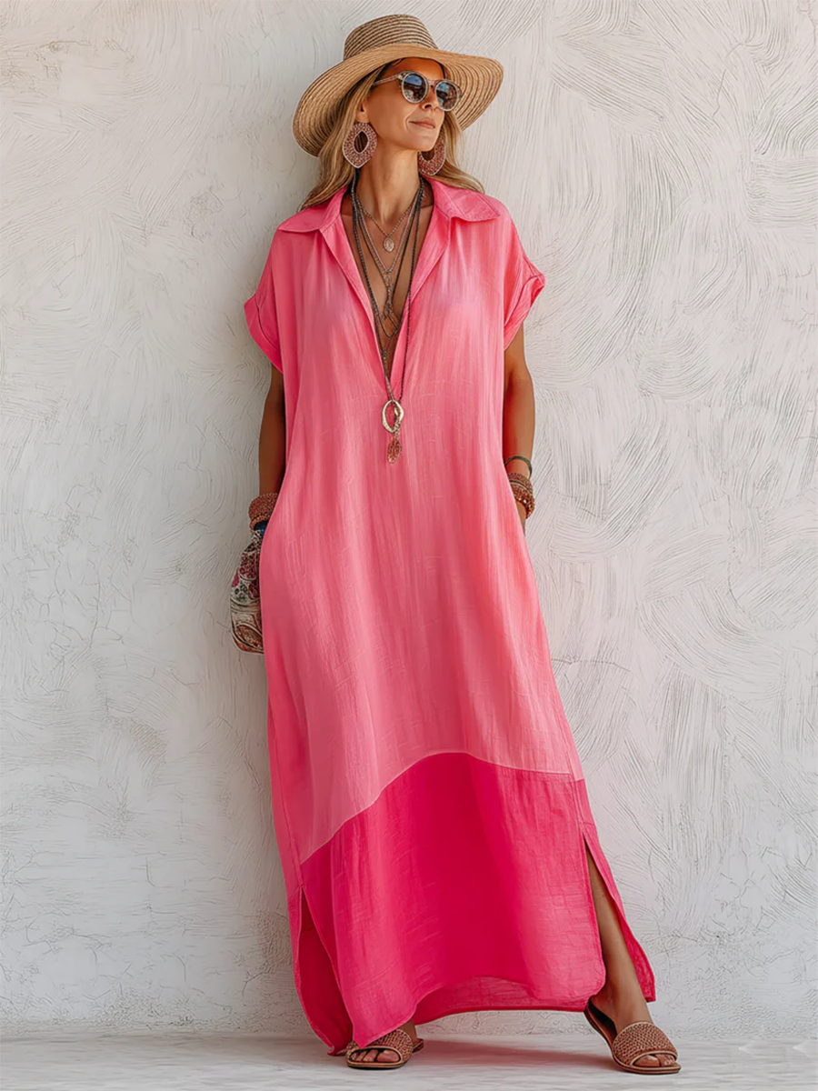 Women's Color-Block Linen Blend Polo Maxi Dress
