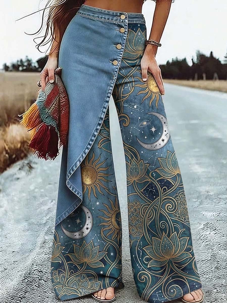 Women's Denim Celestial Print Wide Leg Jeans Side Overlap Flap Trousers