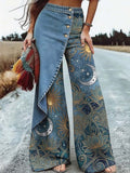 Women's Denim Celestial Print Wide Leg Jeans Side Overlap Flap Trousers