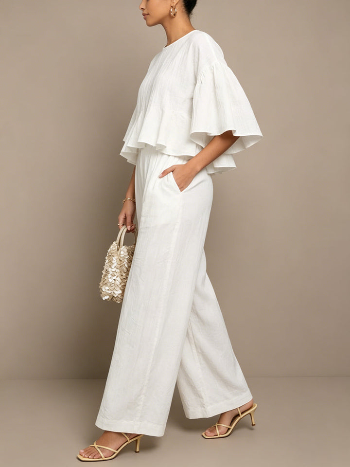 Women's Linen Two Piece Set Ruffle Sleeve Top & Wide-Leg Pants