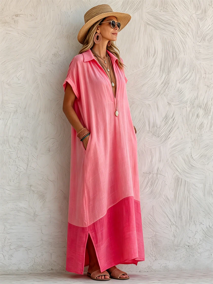 Women's Color-Block Linen Blend Polo Maxi Dress