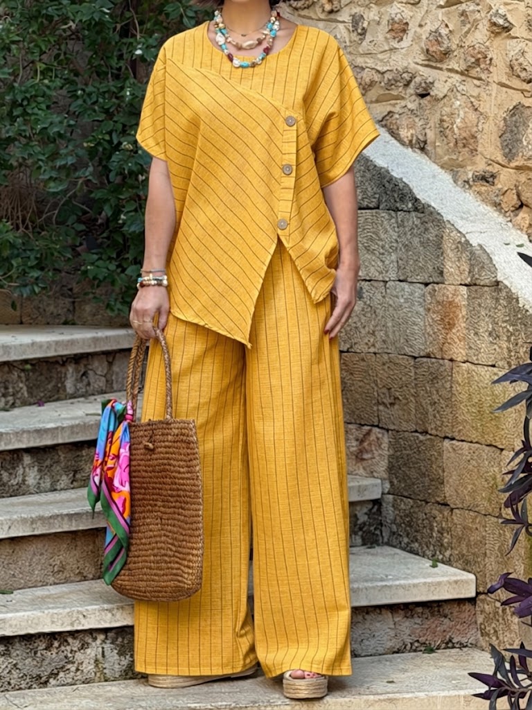 Women's Linen Two Piece Set Wide Leg Trousers and V-Neck Tunic Top