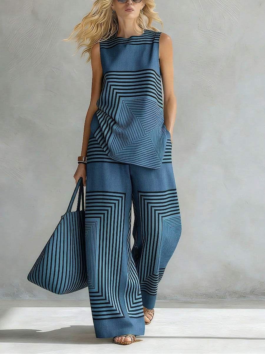 Women's Linen Sleeveless Top and Wide Leg Trousers Set Luxury Two Piece Outfit