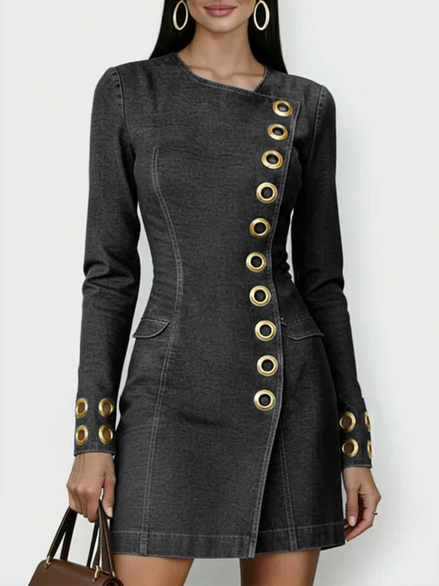 Women's Denim Mini Dress Long Sleeve Jean Shift Dress