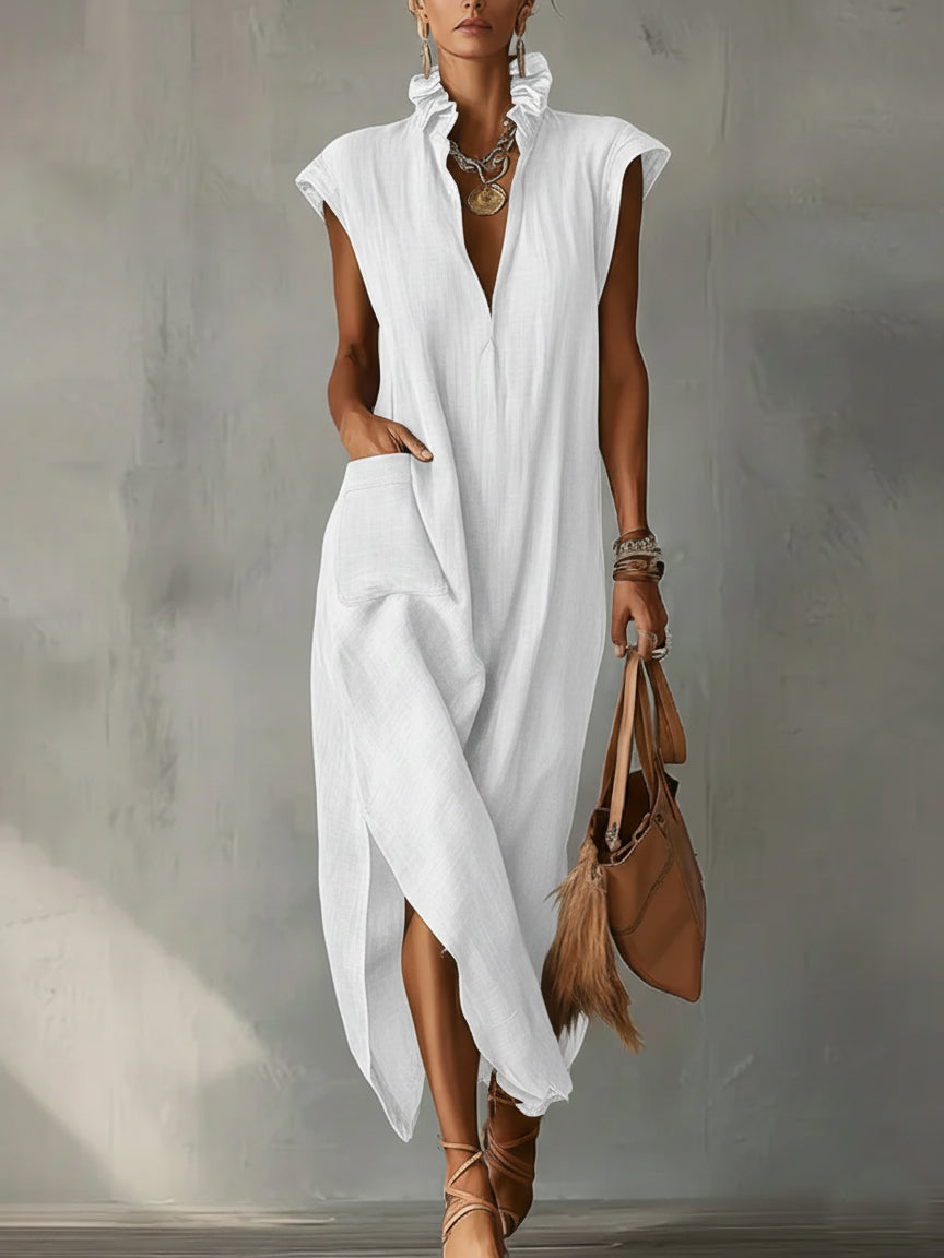 Women's Linen V Neck Ruffle Maxi Dress Sleeveless Kaftan Boho Long Dress