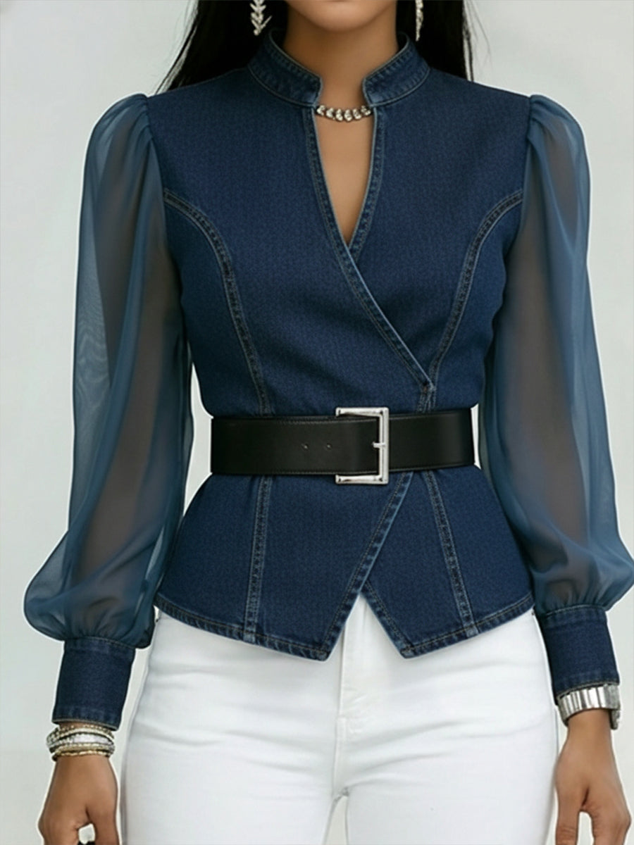 Women Denim Mesh Lantern Sleeve Belted Top