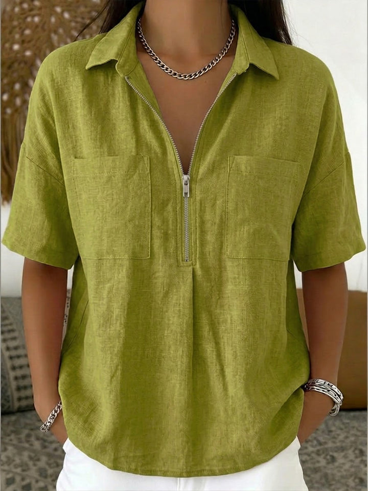 Women's Linen Blend Half-Zip Short Sleeve Blouse