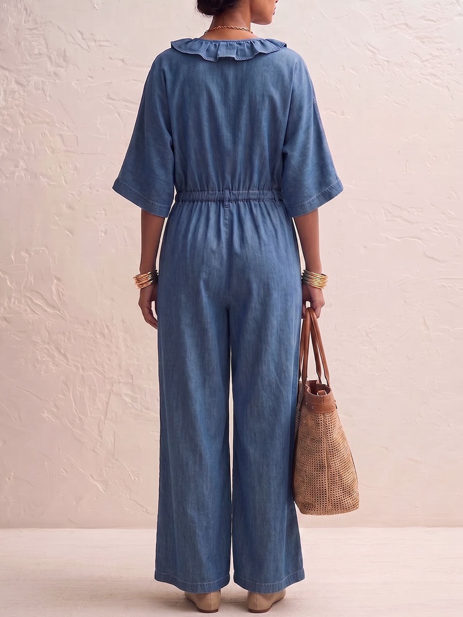 Combinaison large en denim pour femme, col en V, ample et confortable