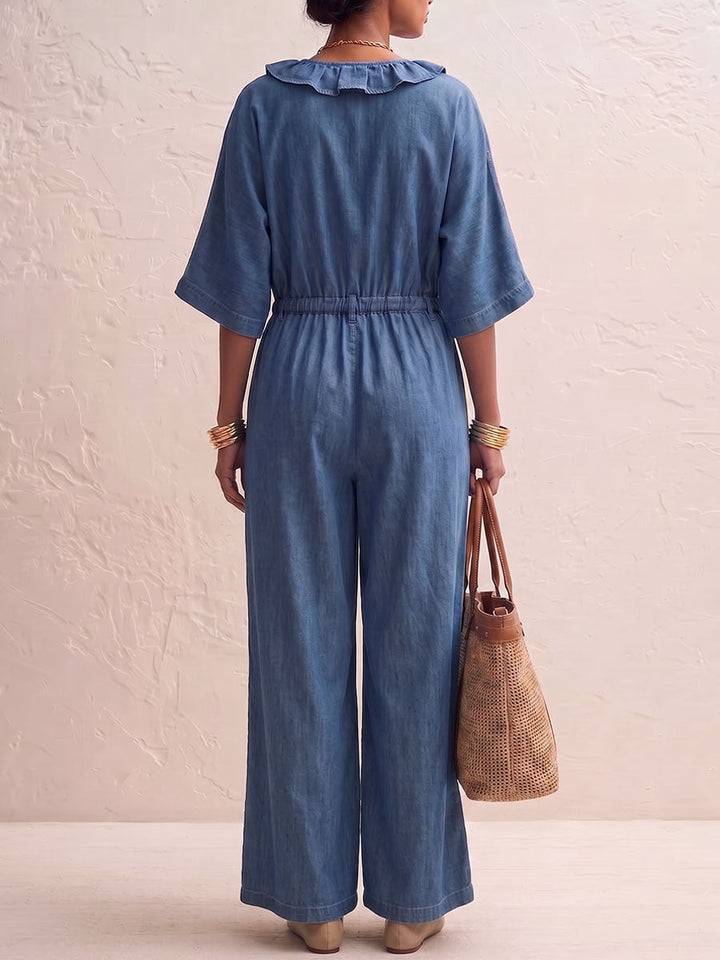 Combinaison large en denim pour femme, col en V, ample et confortable