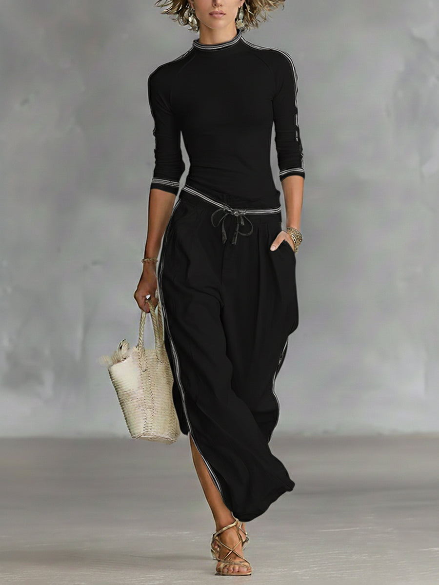Women's Two-Piece Crewneck Top and Wide-Leg Pants Set