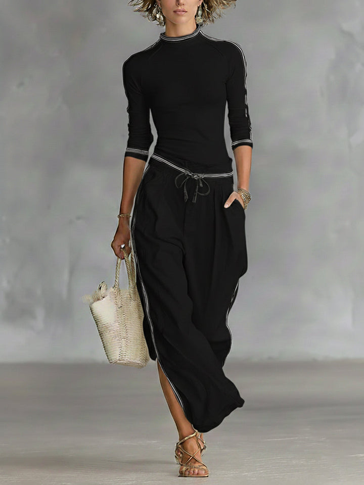 Women's Two-Piece Crewneck Top and Wide-Leg Pants Set