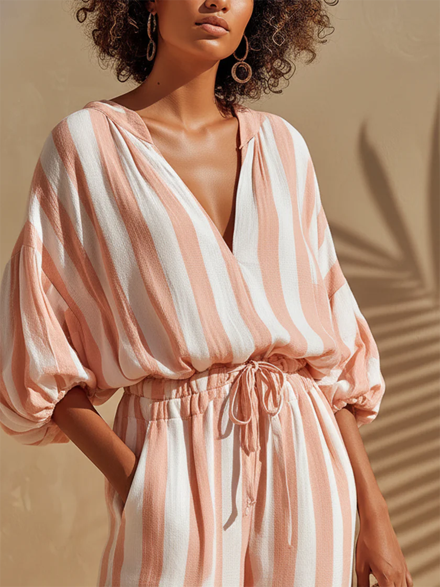Women's Linen Two-Piece Set V-Neck Top and Striped Trousers Co-ord