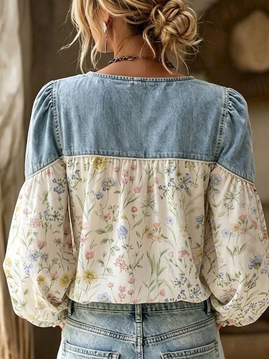 Blouse pour femme en denim à imprimé floral, manches longues bouffantes et col en V