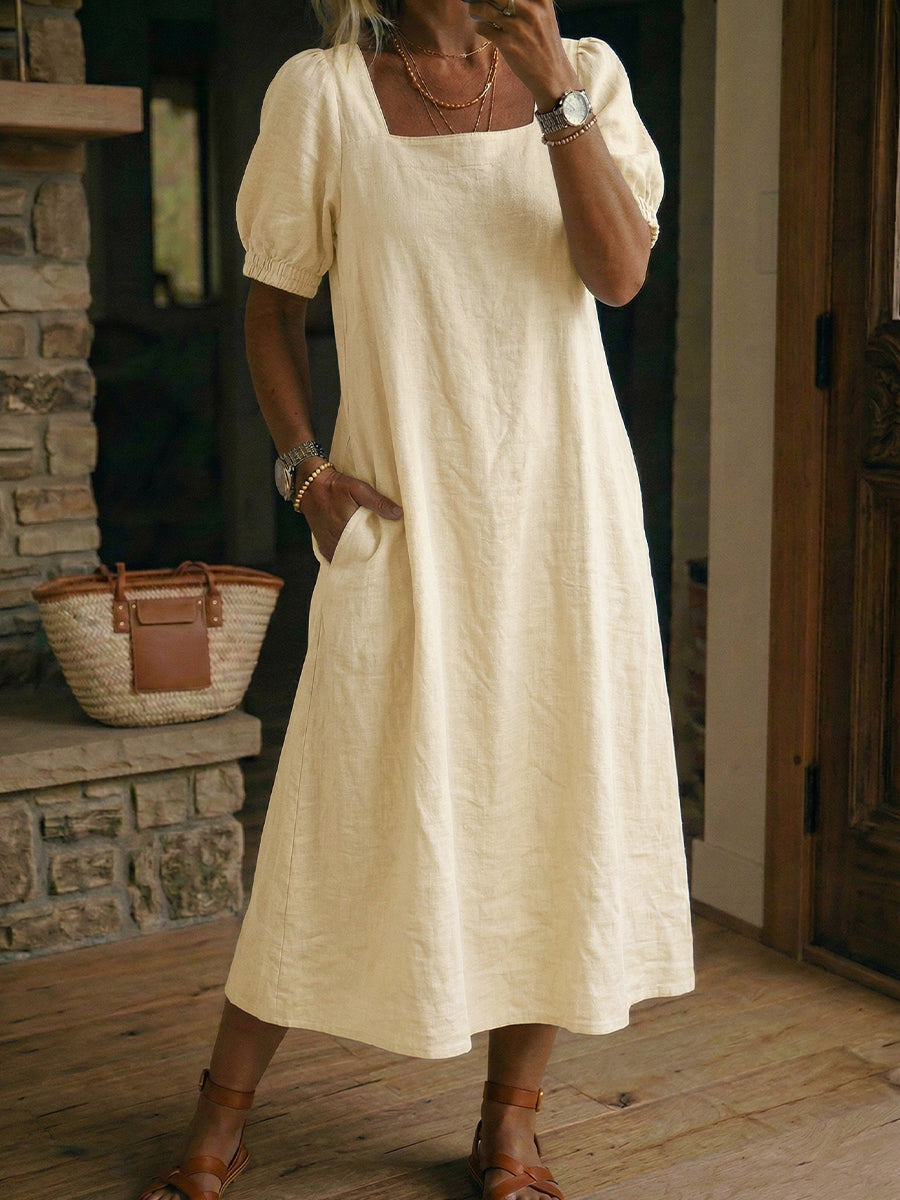 Linen Square Neck Puff Sleeve Midi Dress for Women