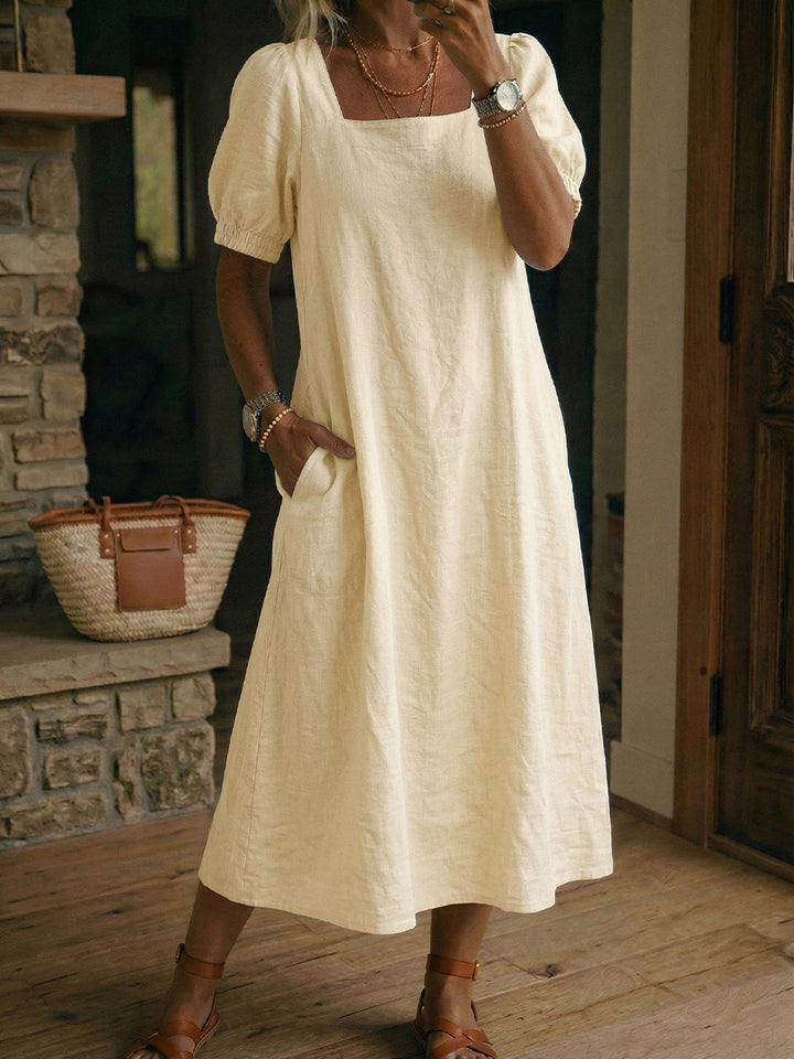Linen Square Neck Puff Sleeve Midi Dress for Women