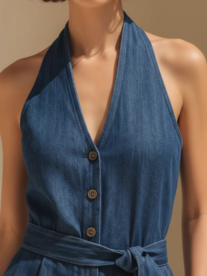 Women's Denim Halter Neck Jumpsuit Wide Leg Romper
