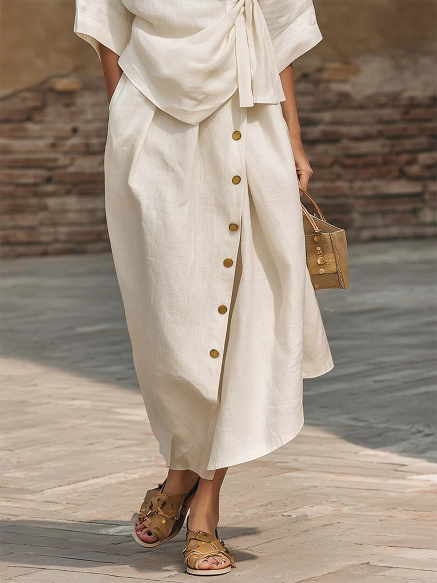 Women's Linen Wrap Top and Skirt Two Piece Set