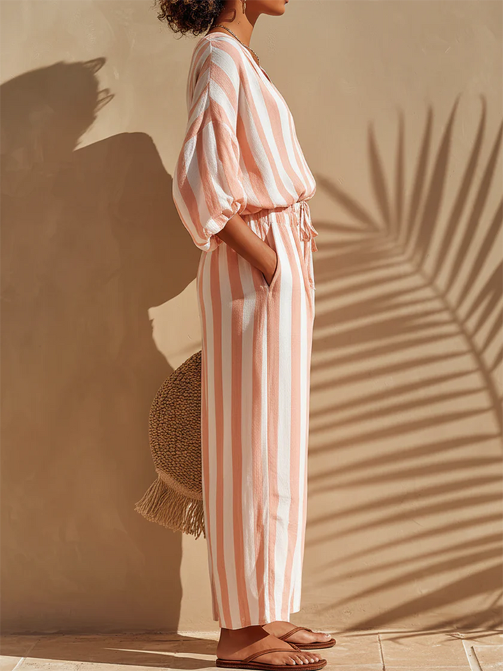 Women's Linen Two-Piece Set V-Neck Top and Striped Trousers Co-ord