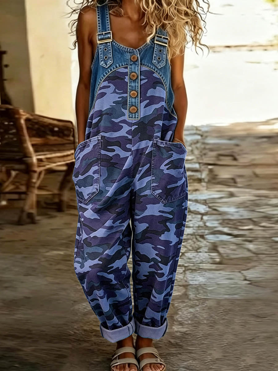 Women's Camouflage Print Denim Wide-Leg Jumpsuit